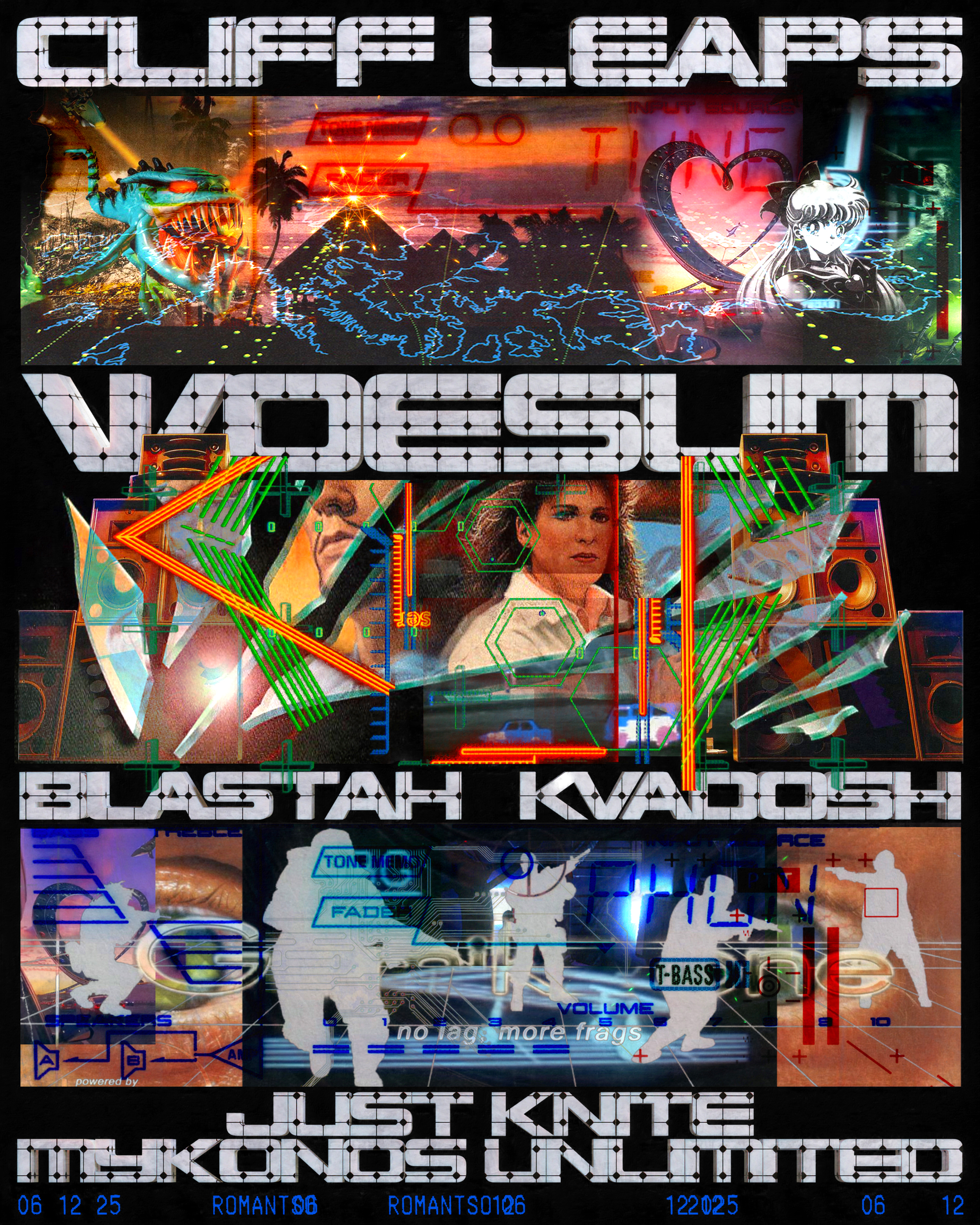 Poster for CLIFF LEAPS with Woesum •  Kvadosh • blastah •  Just Knite (live) •  Mykonos Unlimited